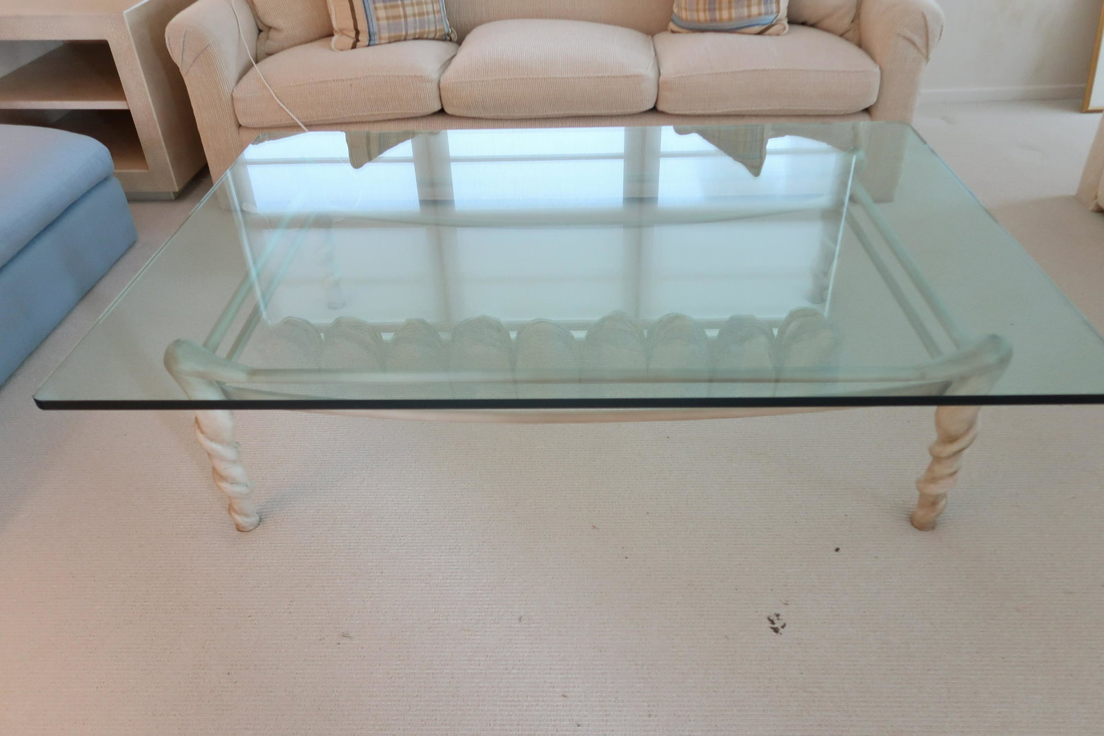 Glass top Coffee Table: Size: 64" x 44" x 3/4, Glass Top over craved Rope Metal base