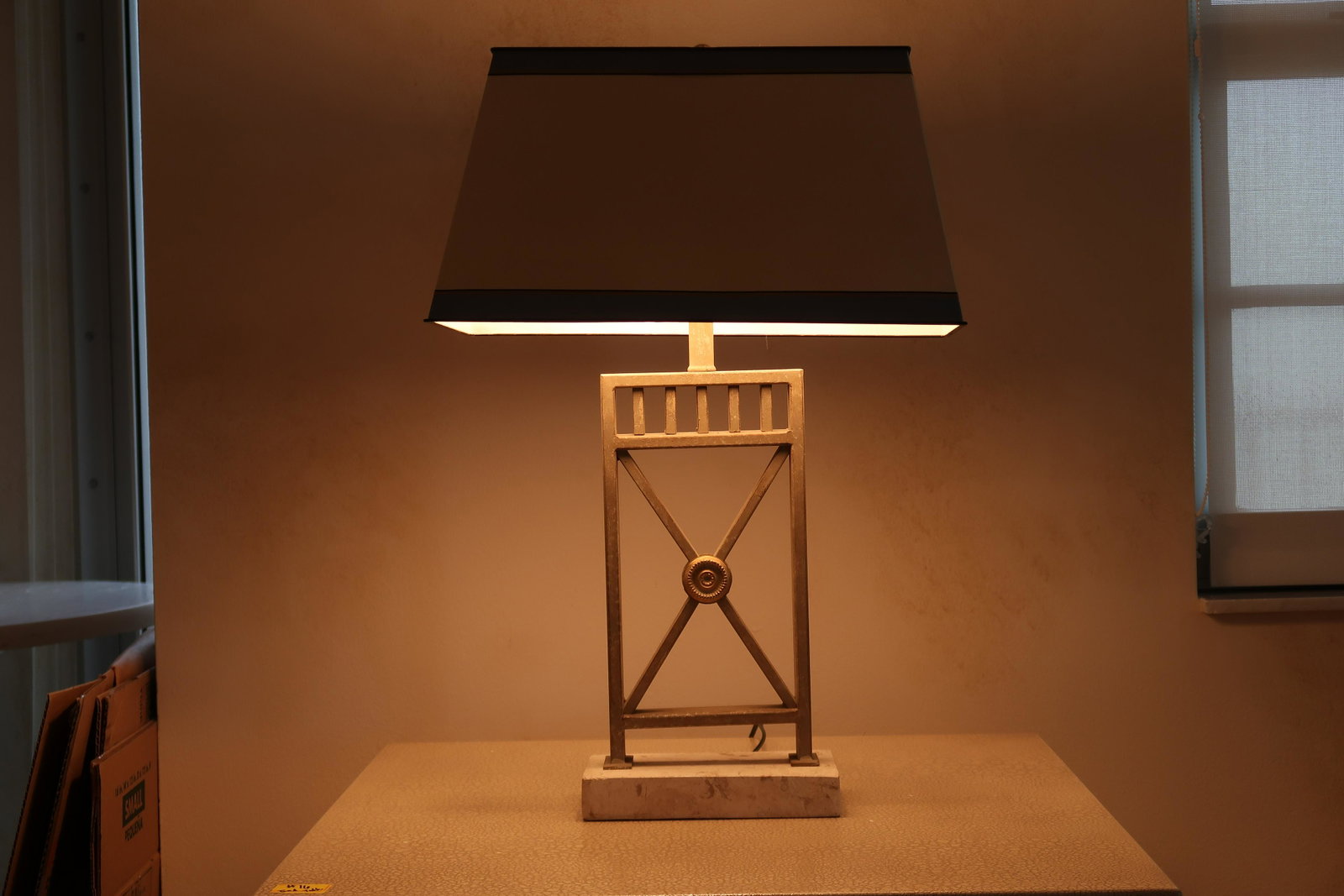 Metal Geometric Lamp: Size: 27" H x (9" x 5"Base)18"( shade ) x 9 1/2" Metal geometric base with stone base and blue shade