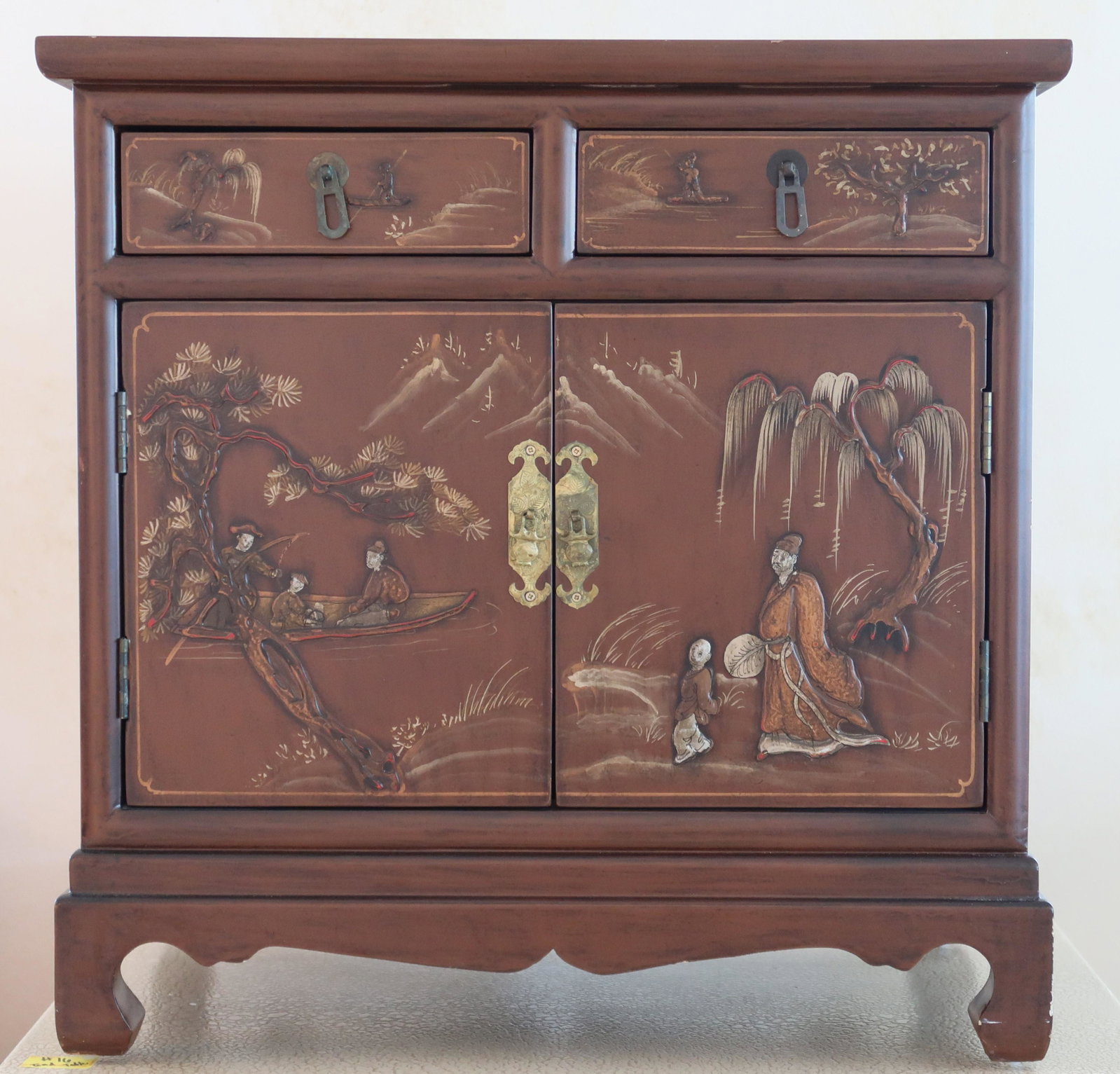 Oriental Wood End Table: Size: 24" x24" x 16", Medium stained wood with applied Asian decoration, 2 drawers, 2 doors.