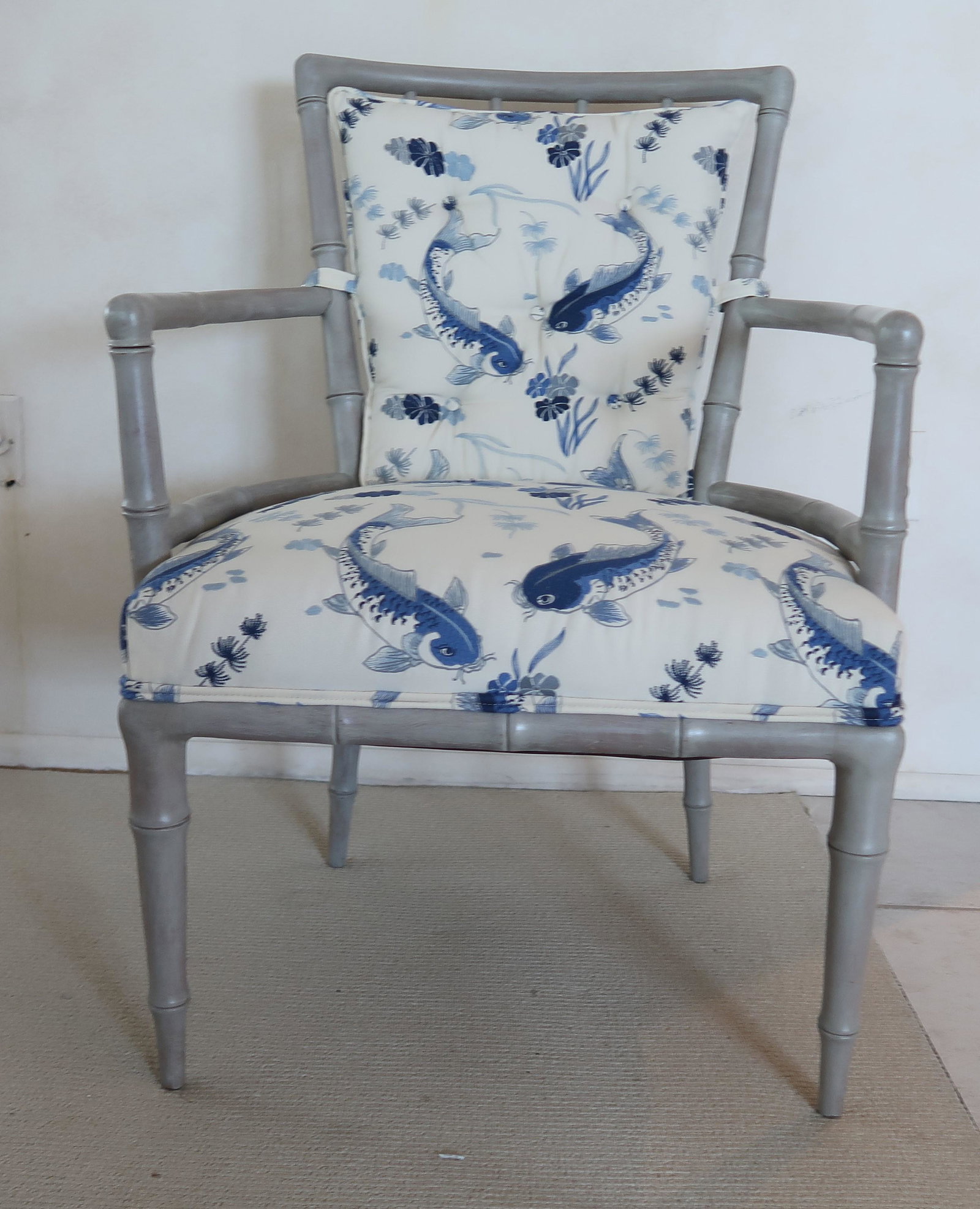 Side Chair: Size: 35" 25" x 25",Taupe stained wood, bamboo design Blue/white fishupholstery