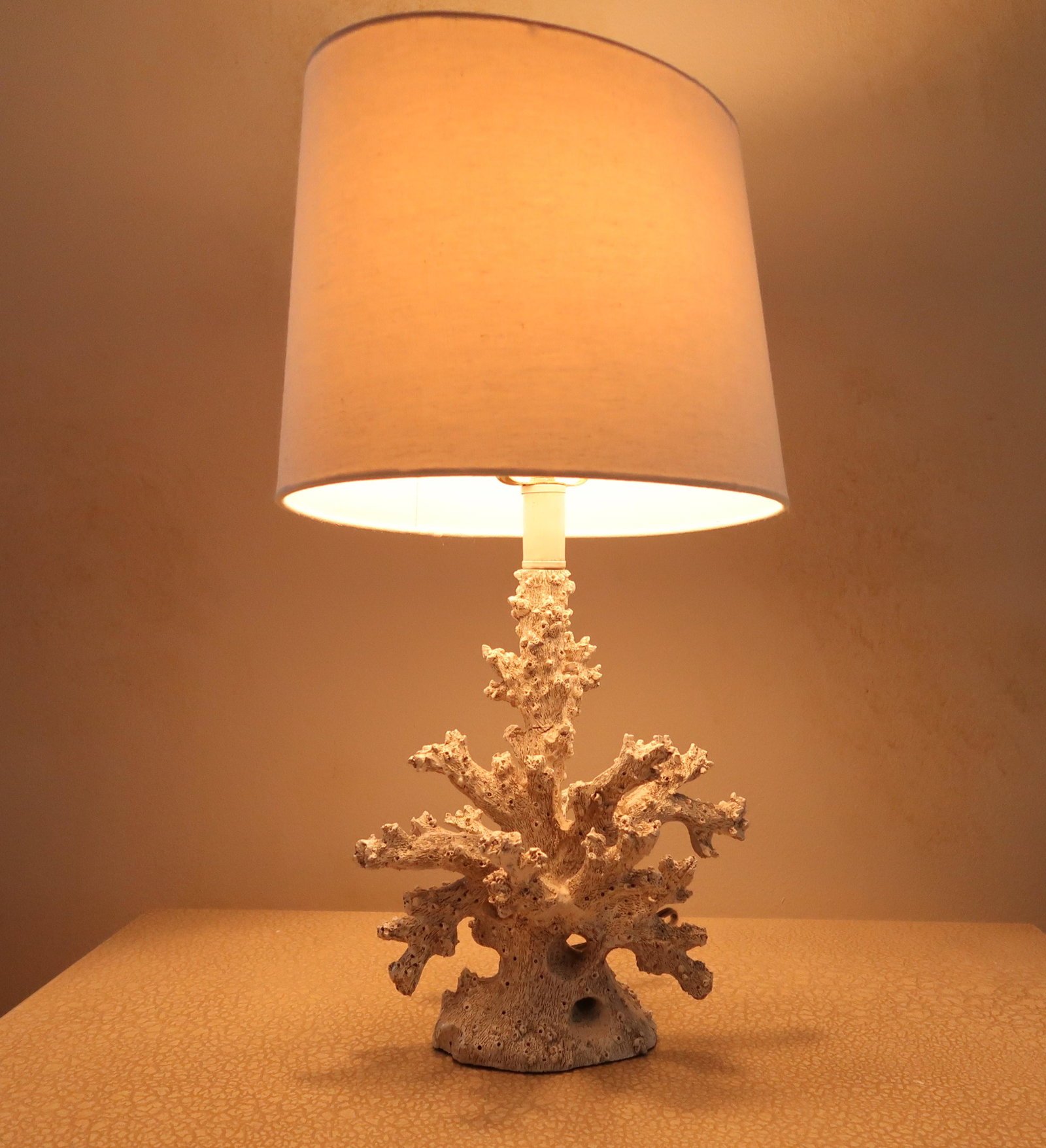 Coral Base Lamp: Size: 21 1/2" x 10" Bleached Coral Base white shade coral finial