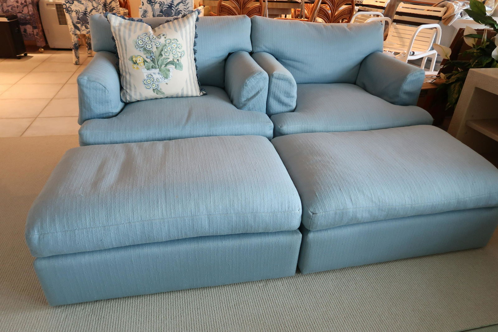 Blue Upholstered Arm Chairs with Ottomans (1 of 3)
