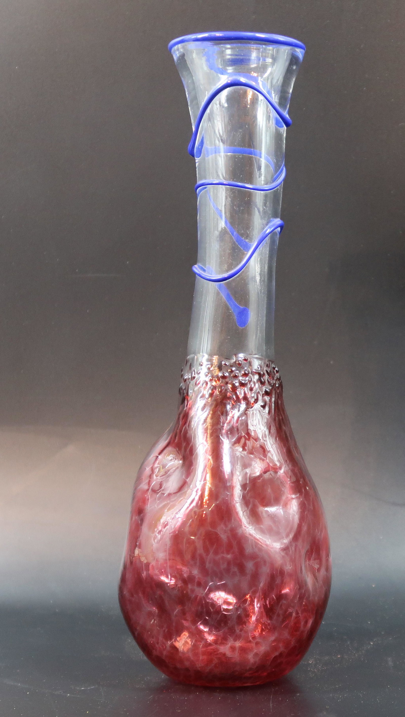 Rare Antique Flambe Glazed Bootle Vase: Size: 11" x 3", Flambe bue swirls bottle vase.