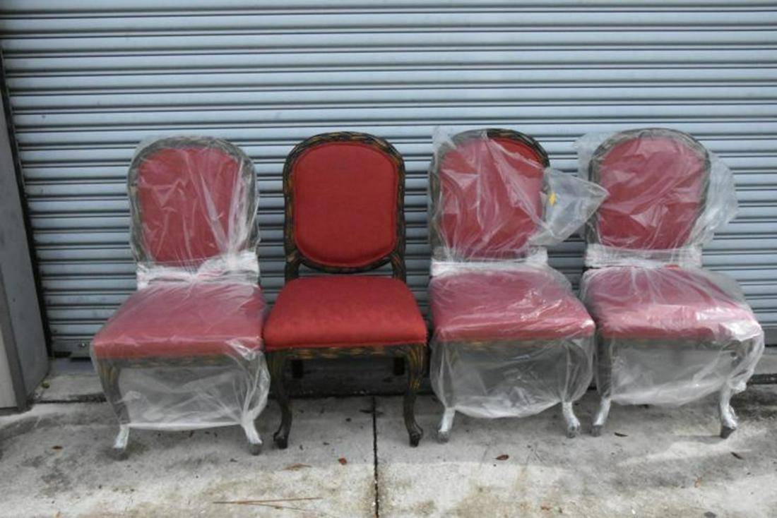 4 Louis Maslow Chairs - Carved Walnut arms, legs, trim: Size: 40" x 21 x 20