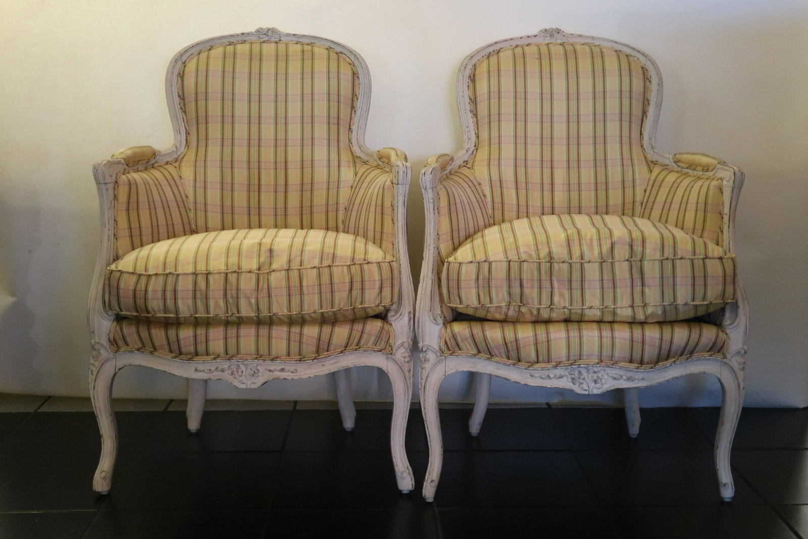 Pair Of French 1800s Louis XV Style Giltwood Silk: Size 35" High X 25" Deep X 22" width a pair Of Fine French 1800s Louis XV Style Giltwood Silk Armchairs