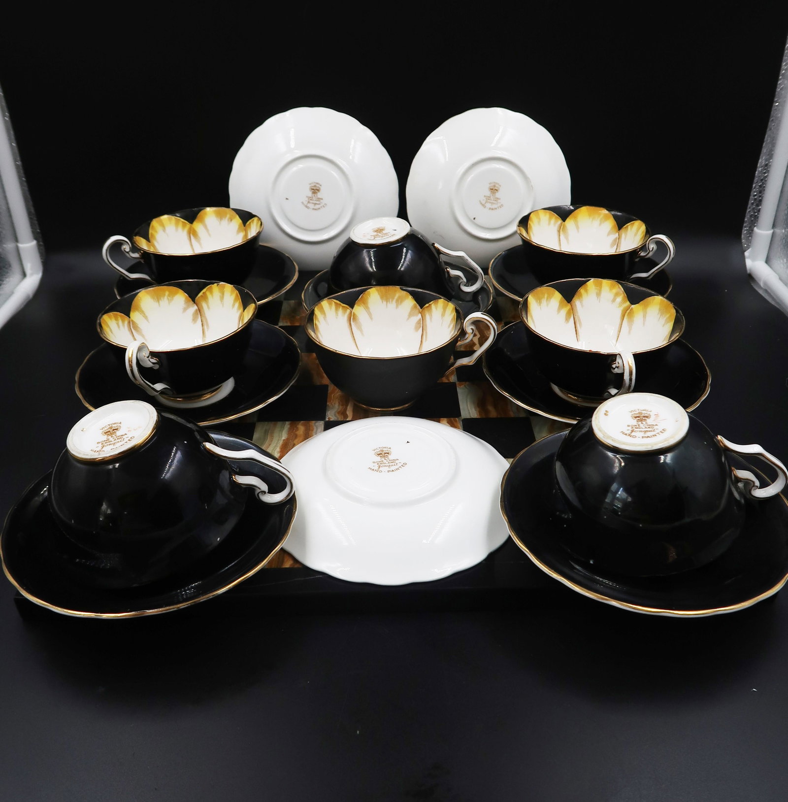 Set of Cups & Sausers Victoria Jonguil hand painted: Bone China hand painted Jonguil 4 inches wide saucers 5 1/2" round
