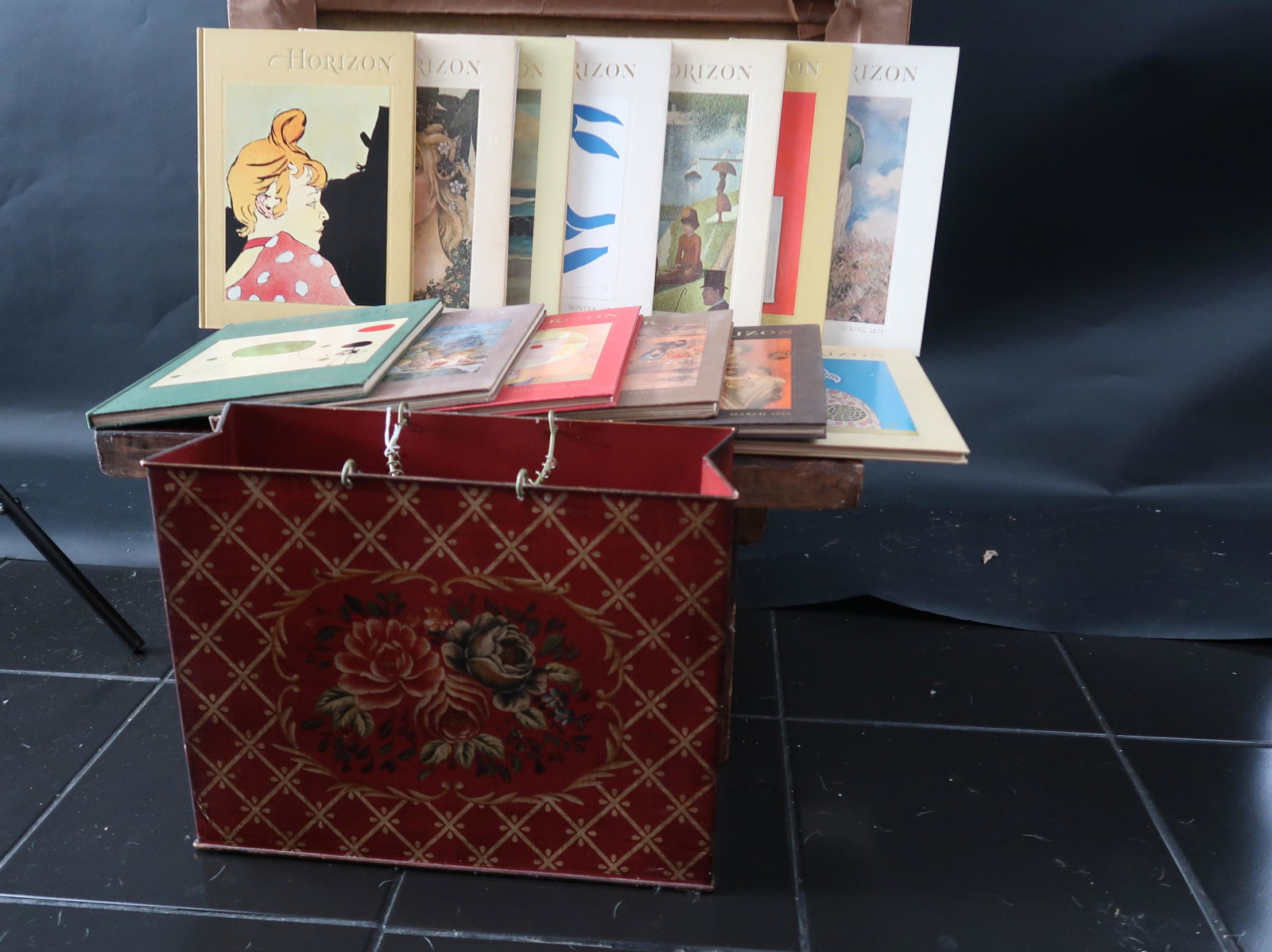 Set 13 Horizon Art Books from 1959-1972 & Metal: By American Heritage, holder - 13.5" x 15.5" x 3.5", books measure - 13" x 10".