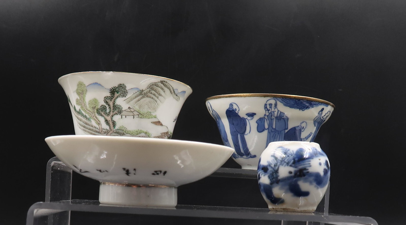 A Group Of Antique Chinese Porcelain Bowls And Jar: A Group Of Antique Chinese Porcelain Bowls And Jar. Two bowls have either chips or lines. The little jar is also chipped, and the lid is in good condition.