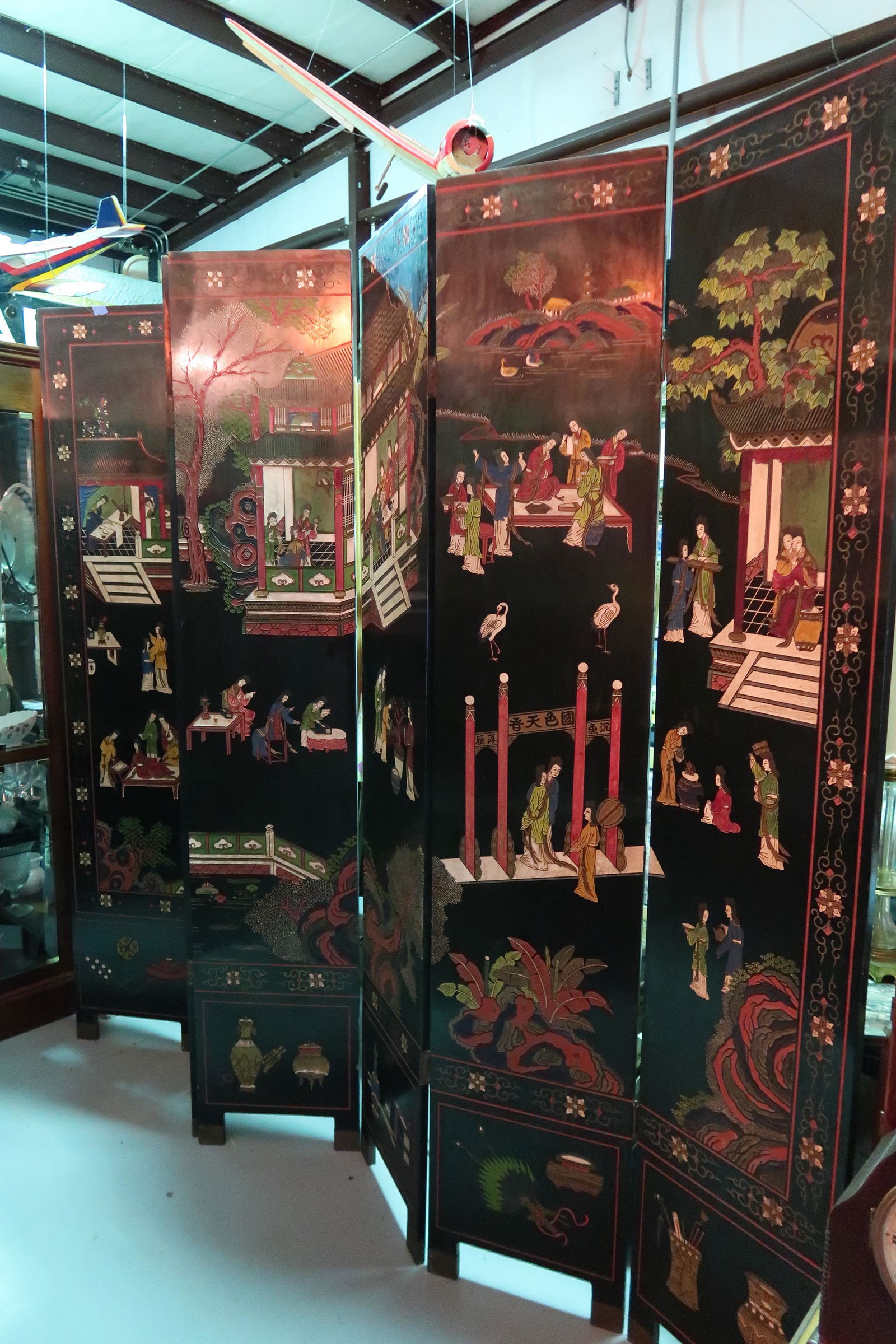 Chinese Carved Lacquered Screen 6 sections (1 of 6)