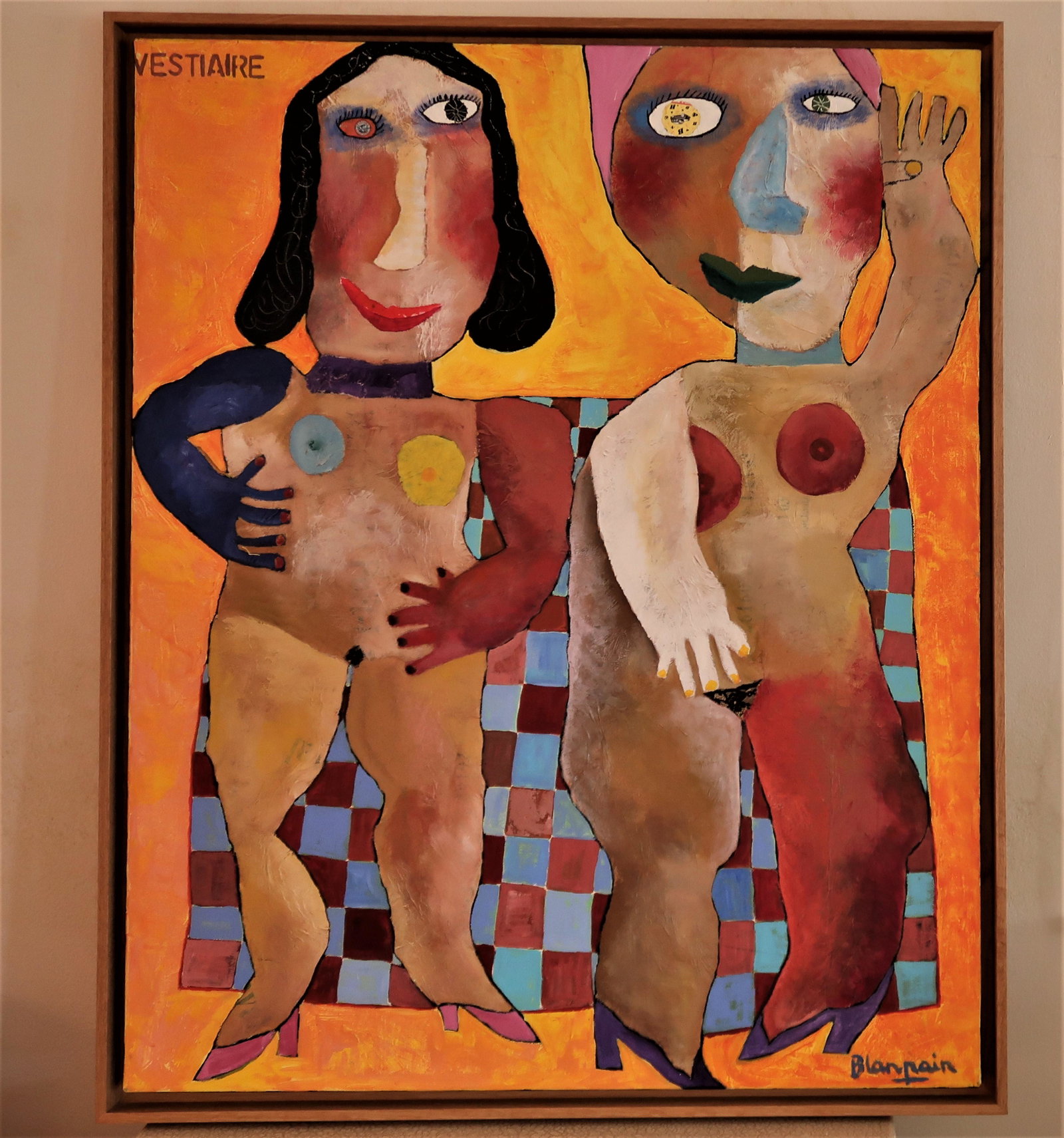 Art by Blanpain Acrylic On Canvas"VESTIAIRE": Size: 41" x 34" Blanpain acyrlic on canvas 2 Females on checkered background