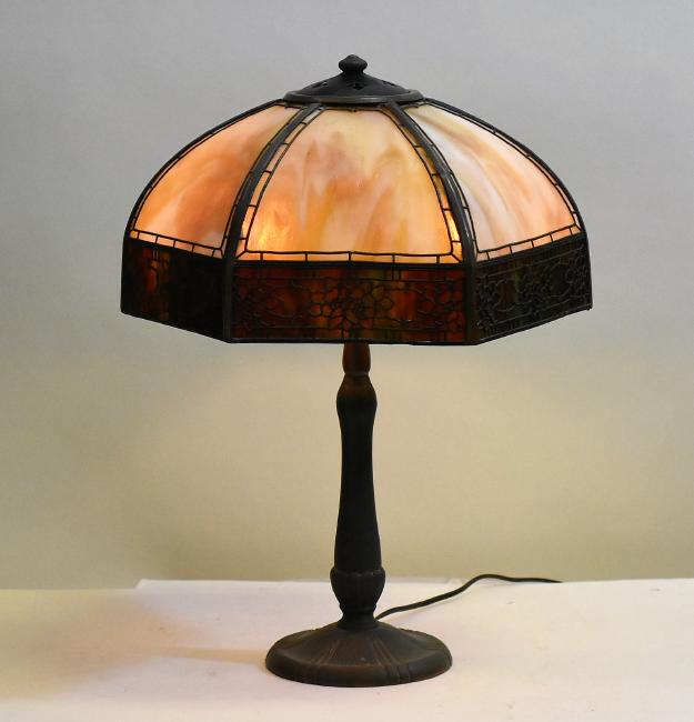 Handel Slag Glass Lamp Vintage: Overall height: 20" Lampshade: 15"W x 8"Hone of the loops on the glass shade need slight repair