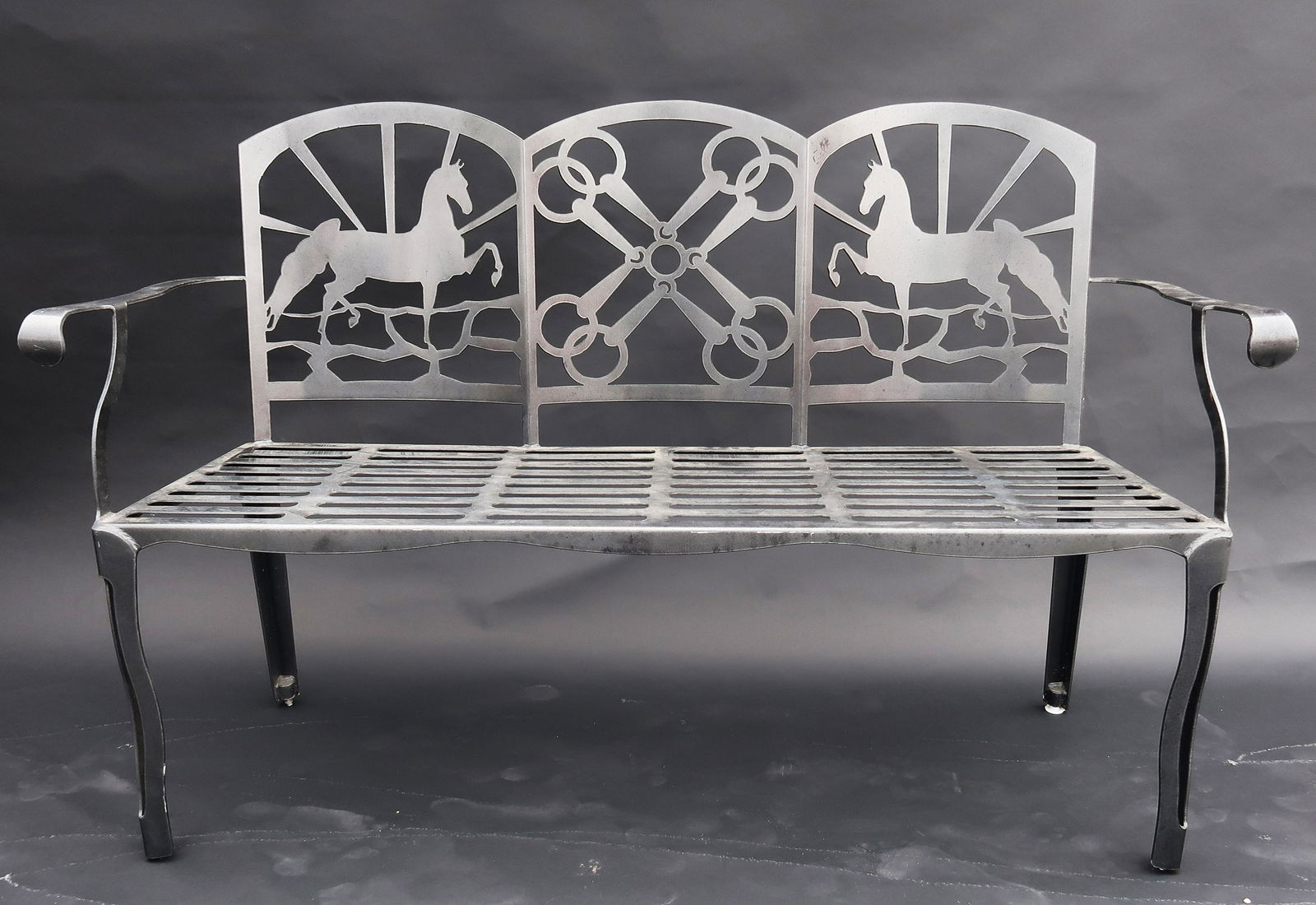 Iron Bench and 2 End Tables: Size of the bench: 36"h x 55"w x 18"d side tables 20"w x 20" x 24"h