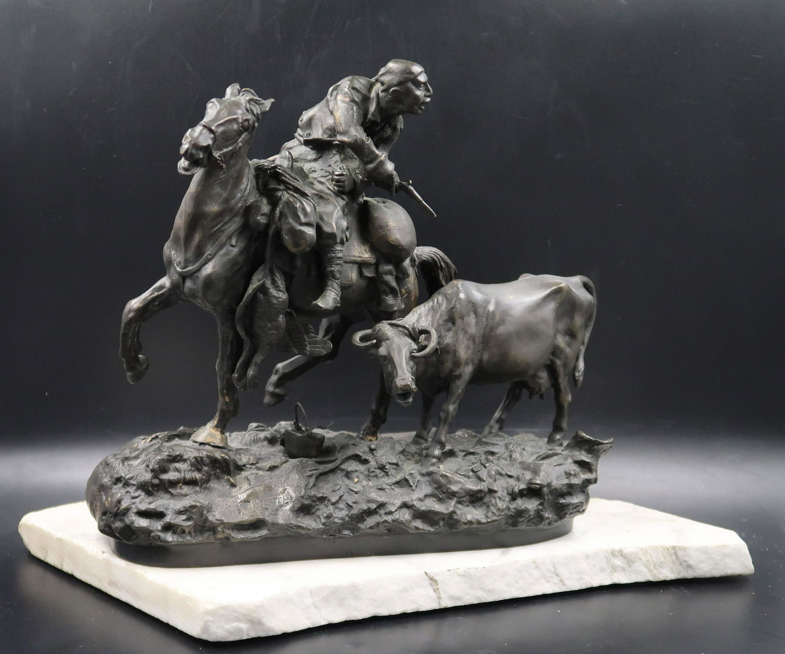 The Rustler Antique Bronze: Antique bronze "The Rustler" St. Petersburg-Russia, Varsity Grachev (1831-1905), C.F. Werfel (1870-1890)-FoundryMeasures 21" high X 22" Long X 14" wide Figural Group. Signed Depicts Indian with Lance