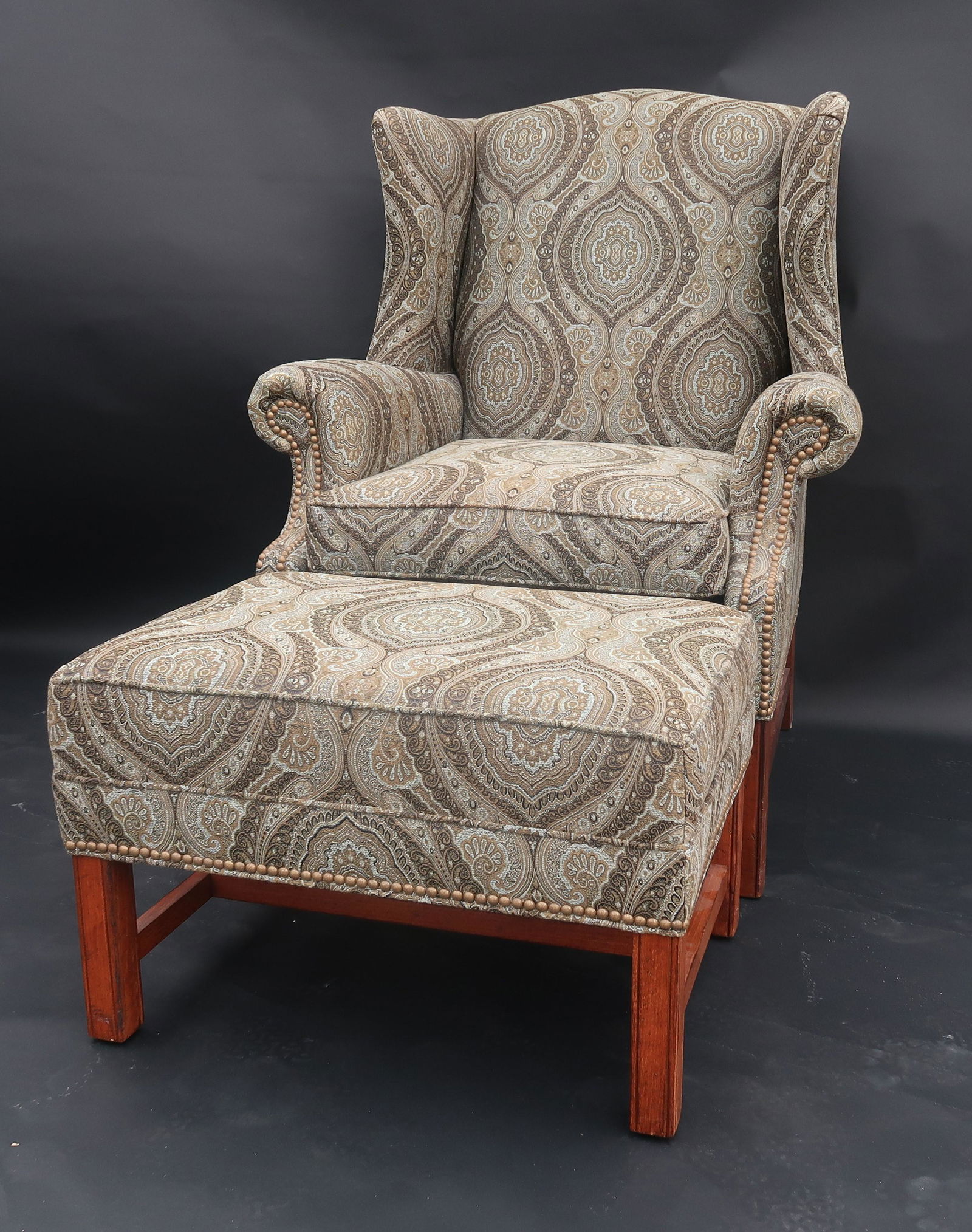 Arm chair and ottoman: Size 42" x 43"w x 30" size of ottoman: 26"w x 18"d x 16"H