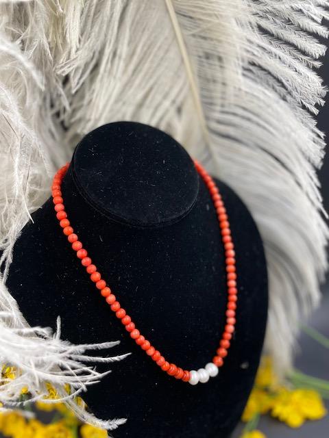 Round Red/Orange Coral Beads: Round Red/Orange Coral Beads with 3 white sea natural pearl with sterling silver clasp, size: 18" length