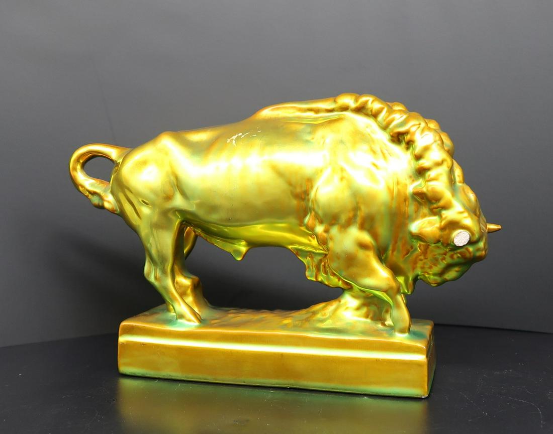 Vtg. Zsolnay Hungary Eosin Green Bull Figure w/stamped (1 of 5)