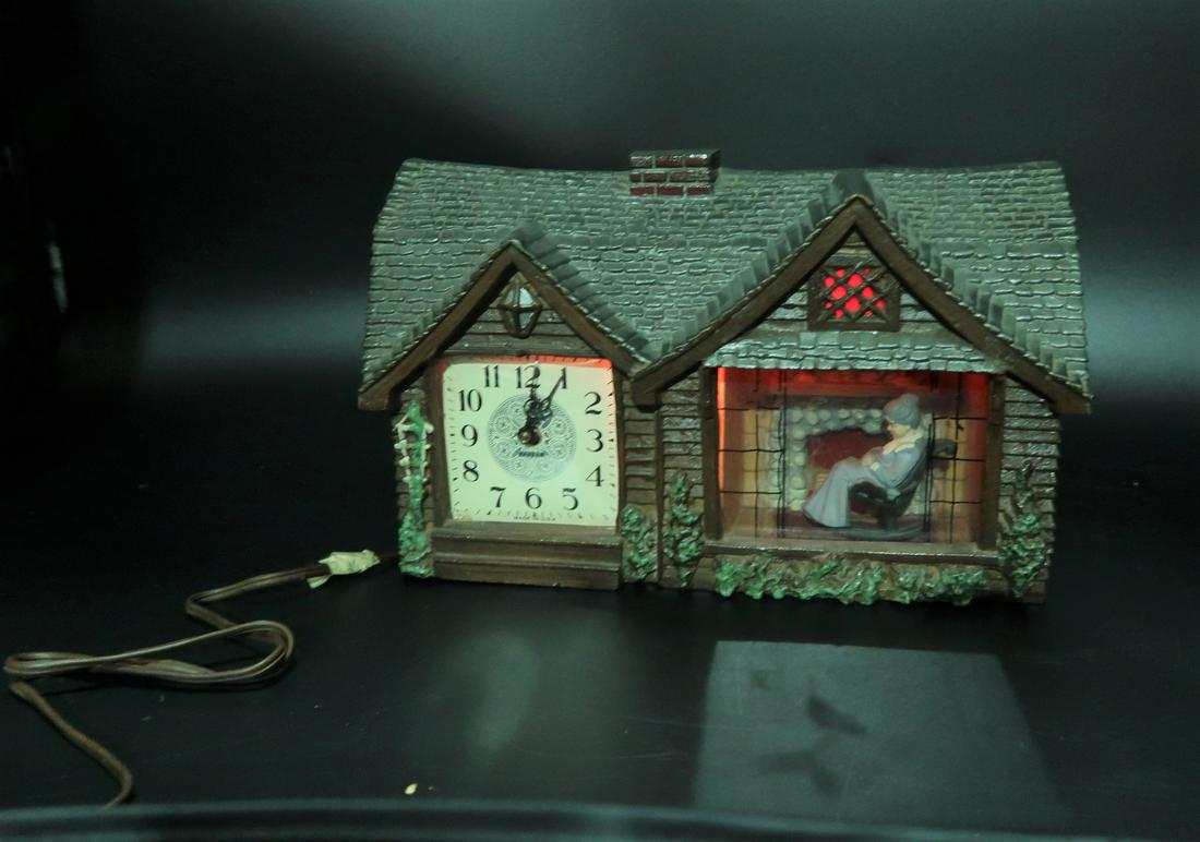 Vtg. Haddon Clock & Grandma Rocking Chair Home Sweet: Haddon orgiginal Home sweet Home, model 30 Clock.. Glass is loses on front. Size: 7"H x 12"w.