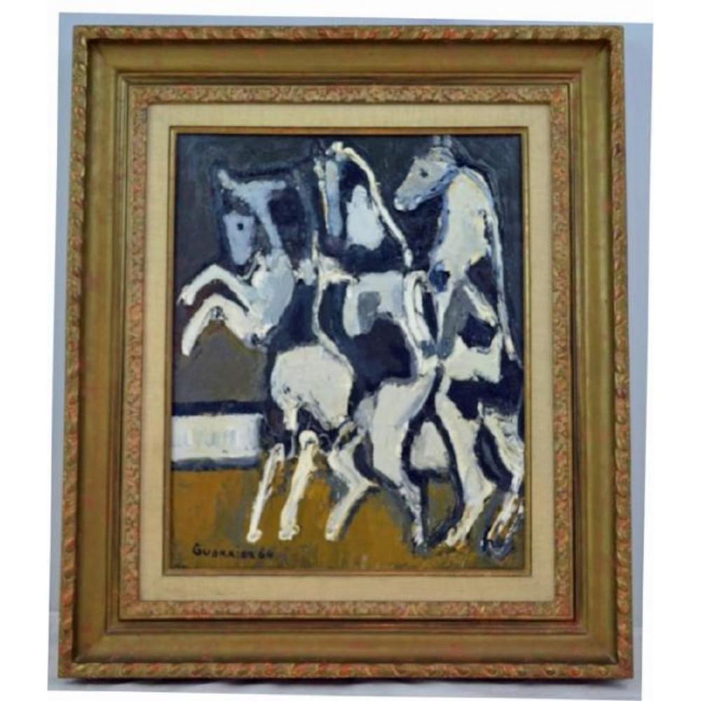 Original Raymond Guerrier Oil on Canvas 1964: Original "Circus Horses" by Raymond Guerrier, size: 16" x 13.5" Signed and dated lower left 1920-2002