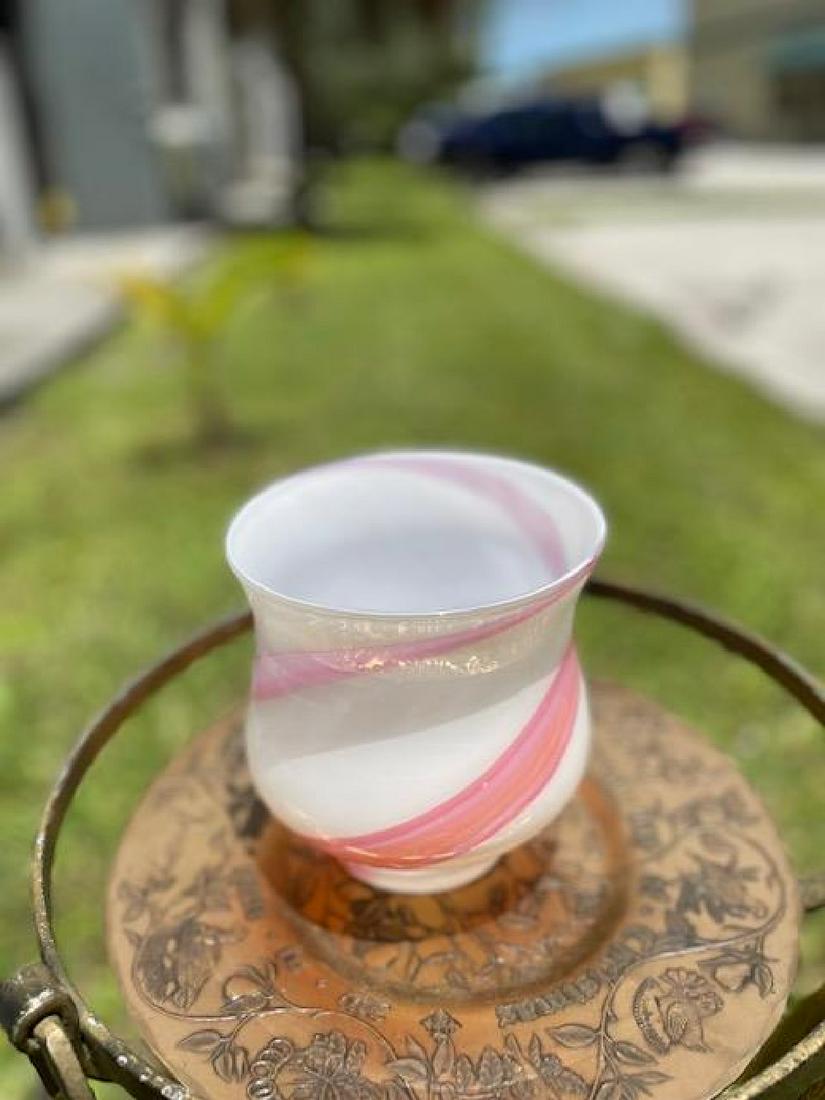 Vintage Pink & White Swirl Glass Jar: Vintage Pink & White Swirl Glass Jar. Size: 6" H X 5.5"L