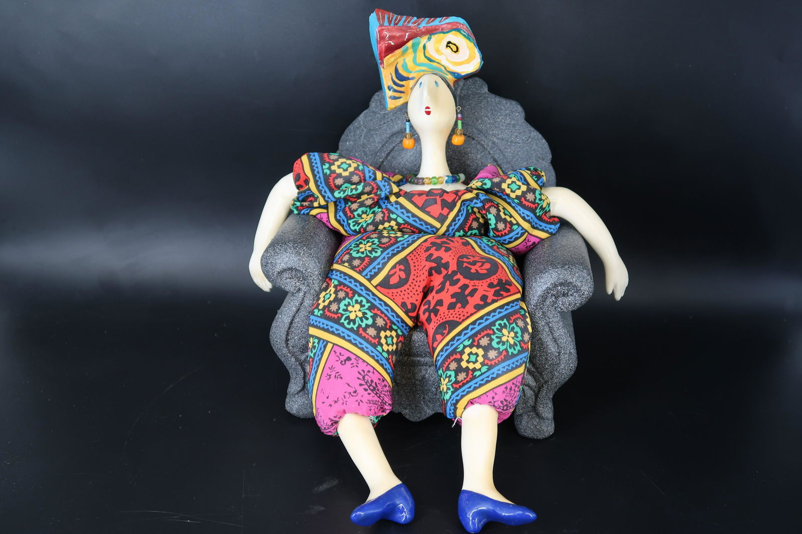 Poupee By Isabelle On The Chaise Lounge Porcelain: Bidding on Poupees By Isabelle Collectible Figure Sculpture with large beaded purple lounge bed made in USA French Poupee manner woodside NY She is final 8 1/2"X 8 1/2" High