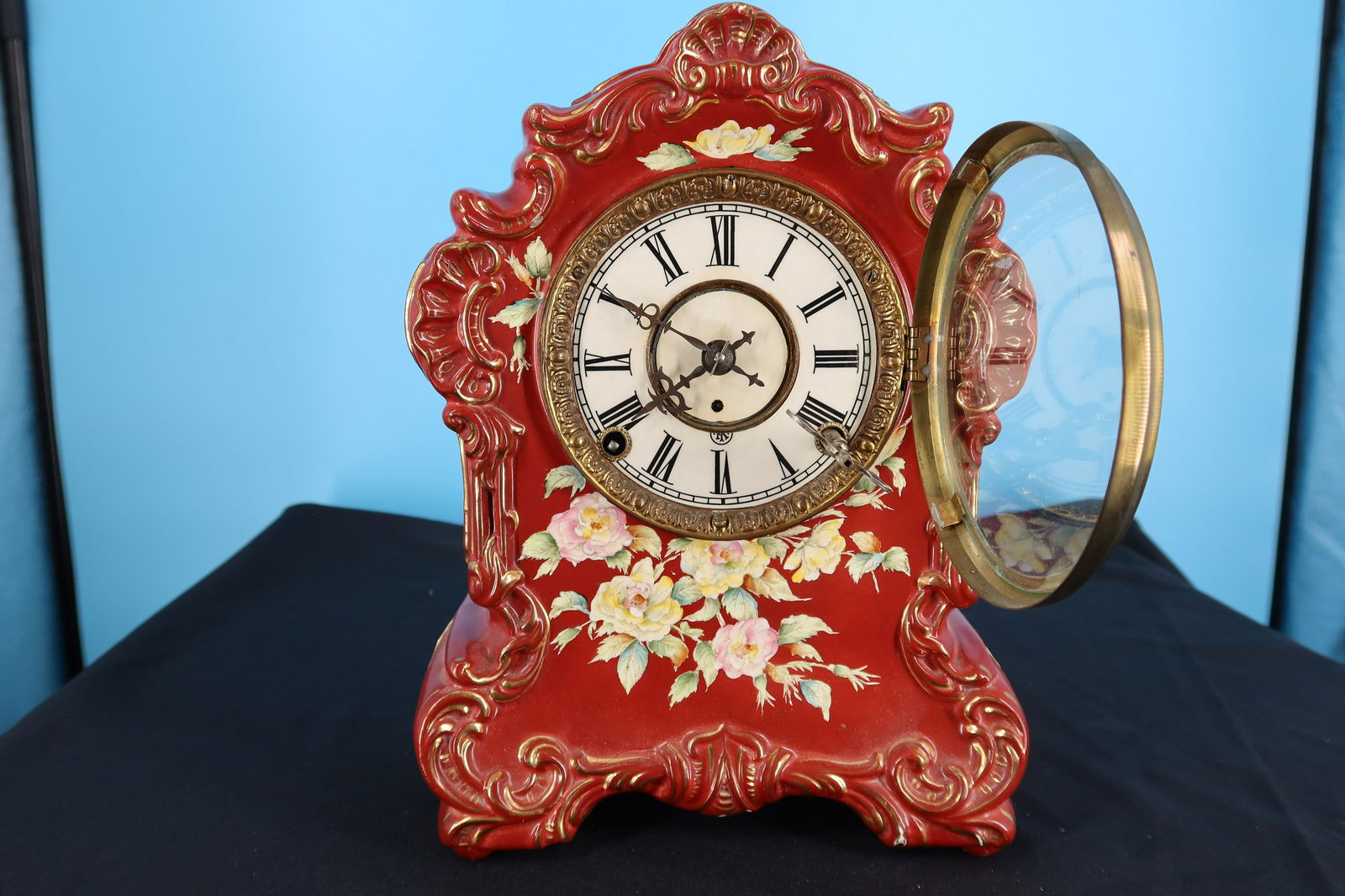Porcelain Ansonia Clock w/ KEY Size: 12"H x 9"L x 5" W: Porcelain Ansonia Clock w/ KEY and mark 18K, Size: 12"H x 9"L x 5" W
