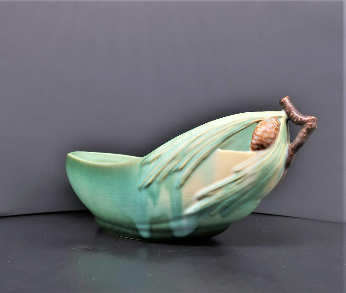 Roseville Art Deco Design Rare Pine Cone Bowl: Excellent Condition Marked Roseville, USA and 429-10. Bowl is 11 3/4" long X 5 3/4" tall look up sells for $245.