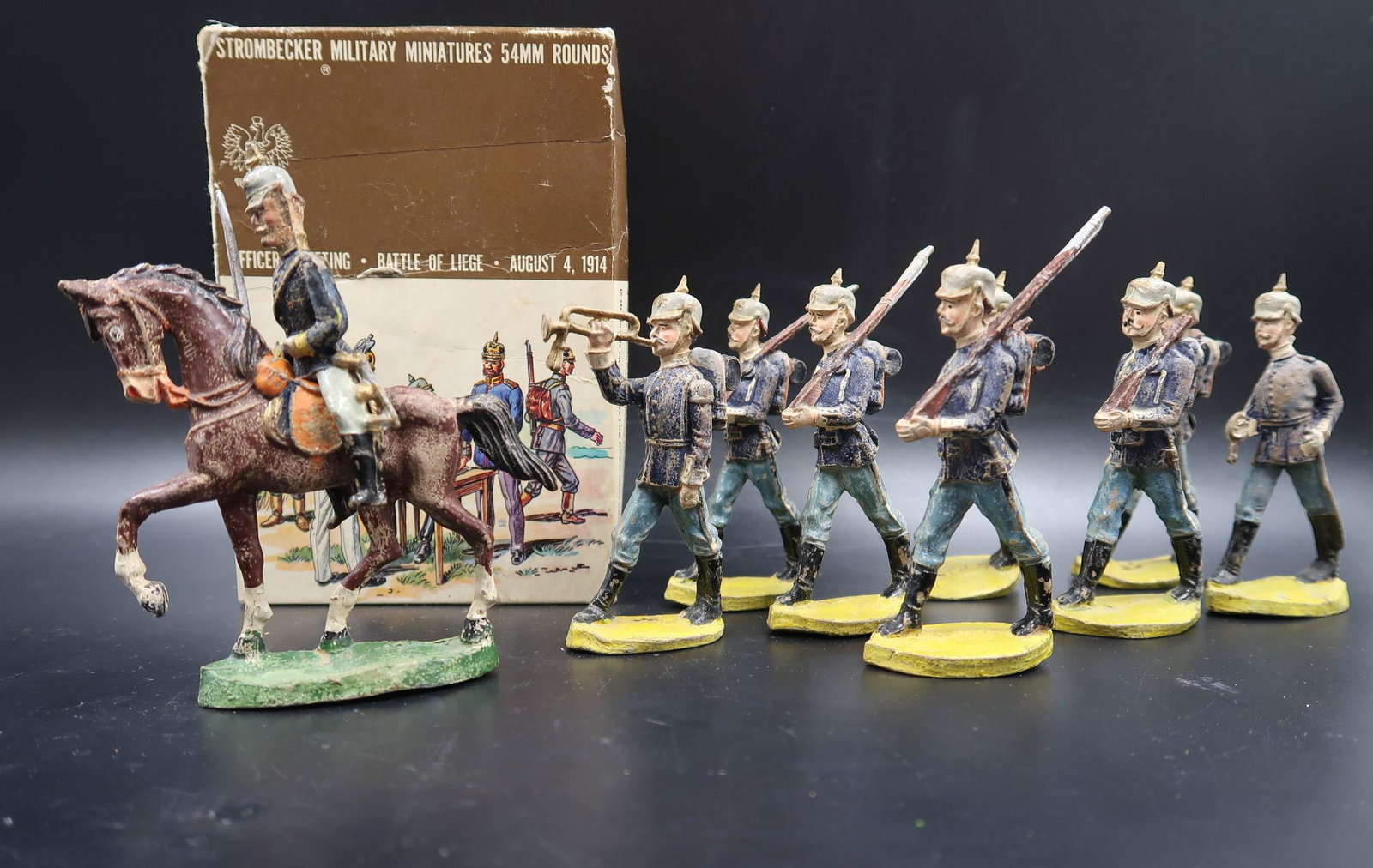 Stombecker Military Miniatures Officers Meeting: Stombecker Military miniatures 54mm round; WW 1 Aug. 4, 1914, 9 Soldiers. Officers meeting bottle of Liege