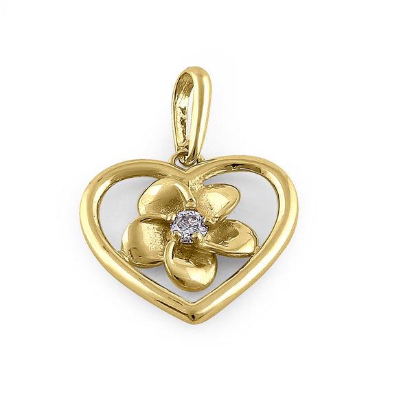 Solid 14K Yellow Gold Plumeria Heart Diamond Pendant: Solid 14K Yellow Gold Plumeria Heart Diamond Pendant, Height: 11.1mm, Width: 11.9mm, Thickness: 1.8mm, Bail opening: 1.7mm, Stone material: genuine diamond, Center stone size: 2.3mm, Total number of d