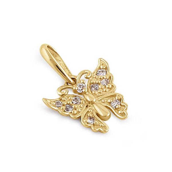 Solid 14K Gold Butterfly Diamond Pendant: Solid 14K Gold Butterfly Diamond Pendant, Height: 8.6mm, Width: 9.2mm, Thickness: 0.8mm, Bail opening: 2.0mm, Stone Material: Genuine Diamonds, Total Number of Stones: 9, Total diamond weight: 0.09 ct