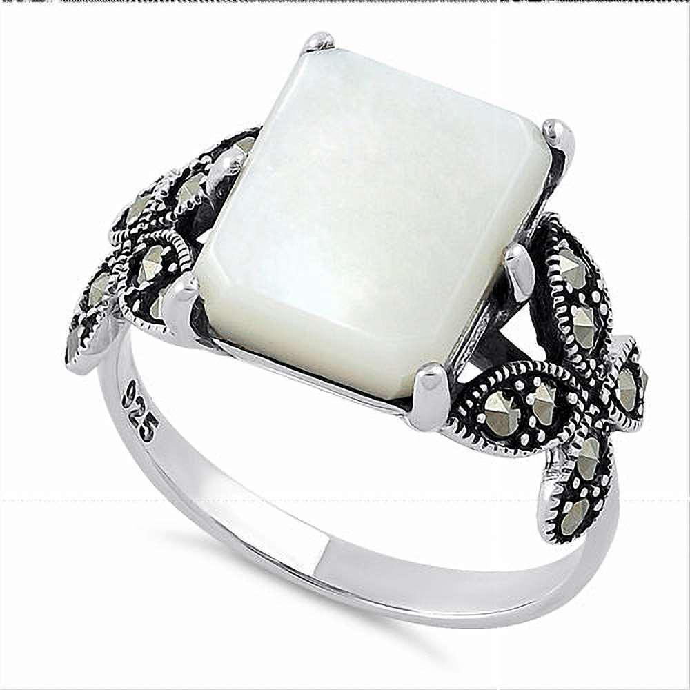 Sterling Silver Mother of Pearl Square Butterfly Marcasite Ring-8 (1 of 4)