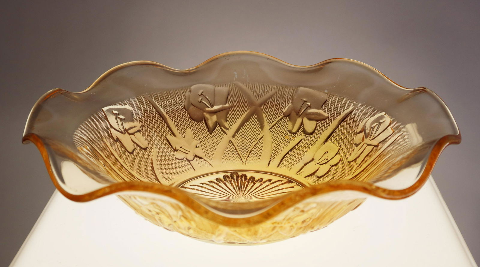 Raffley Carnival Glass Merigold Bowl, size: 9 1/2" x 2: RaffleyCarnival Glass Light Orange Bowl, size: 9 1/2" x 2 3/4"