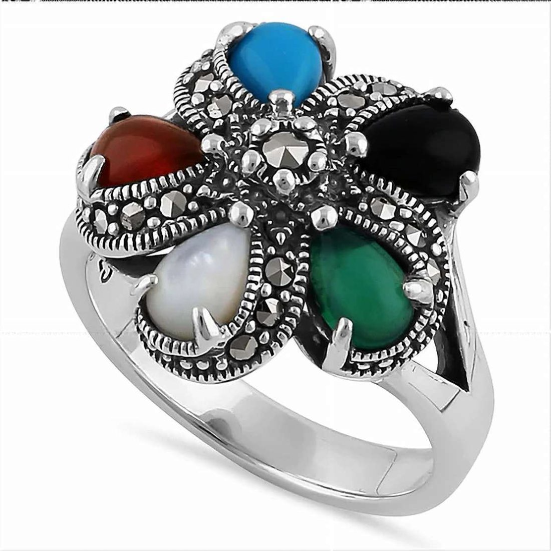 Sterling Silver Multi-Color Pear Flower Marcasite Ring-8 (1 of 4)
