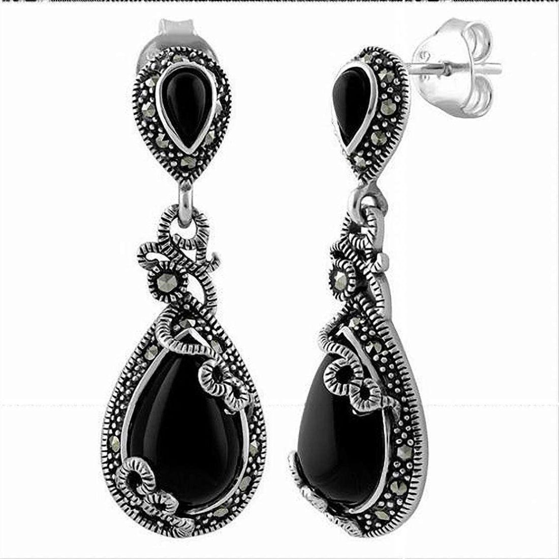 Sterling Silver Vines Tear Drop Black Onyx Marcasite Earrings (1 of 2)