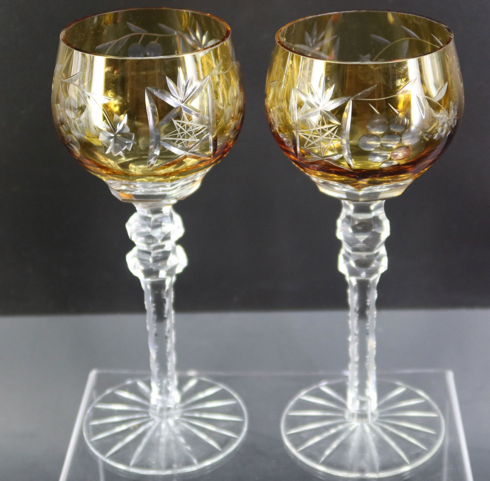 German Yellow Cut to Clear Pair 8 1/2"H Glasses Nachtmann: German Yellow Cut to Clear Pair 8 1/2"H Glasses