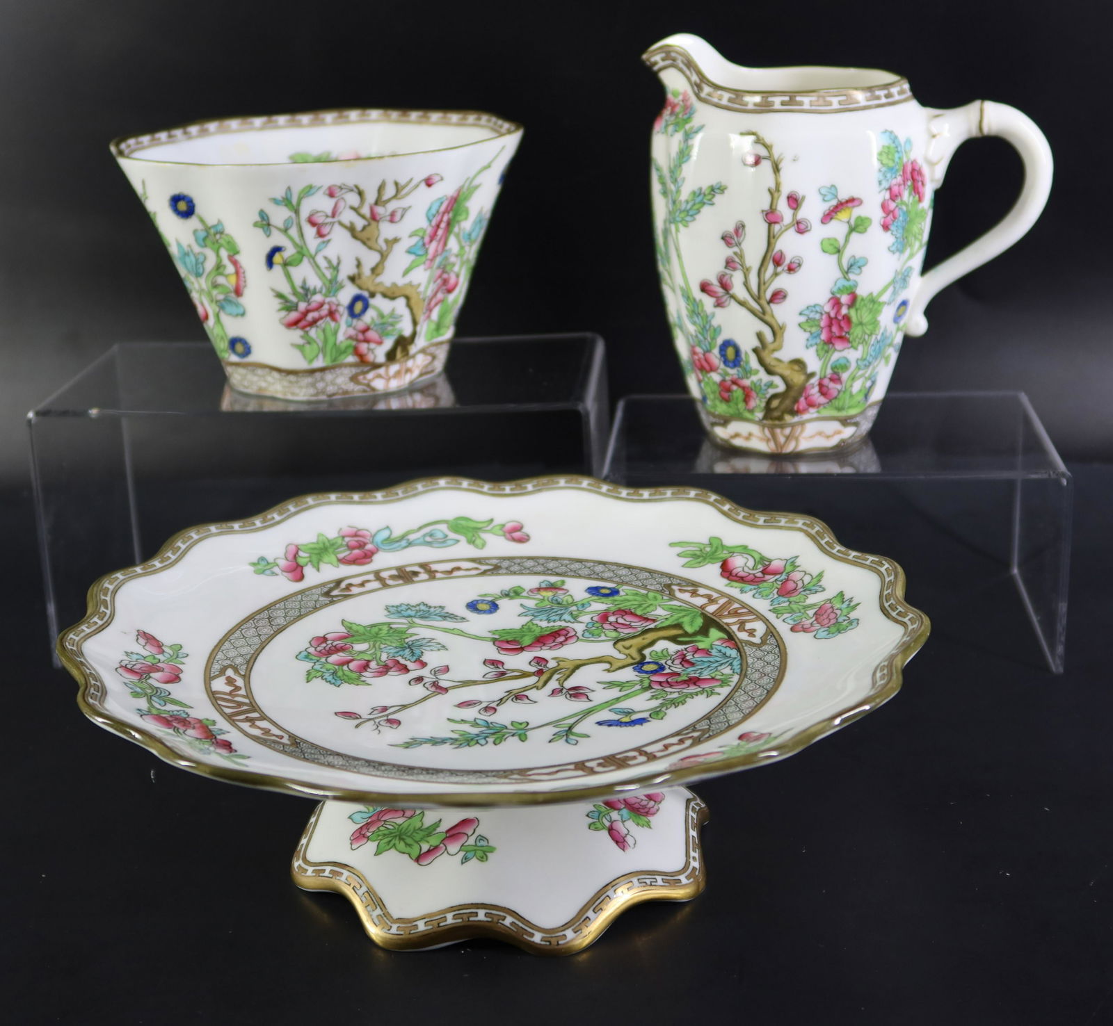 3pcs of Coalport England A D 1750: 3pcs of Coalport England A D 1750, cake dish; sugar bowl and creamer( 9 1/2" x 3"x 3 1/2" x 5 1/3".