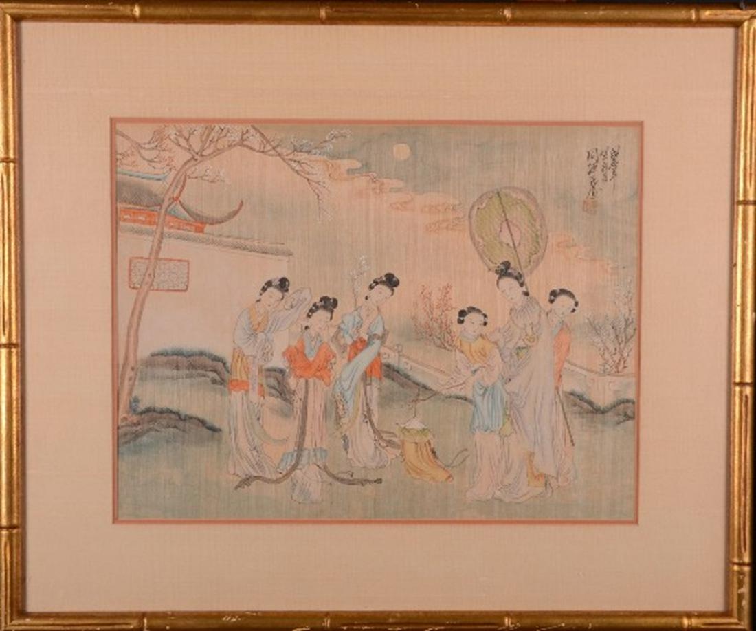Chinese Woodblock w/ signature Chop: Chinese woodblock with signatue chop. Framed painting on silk under glass. Scene of 6 women. Height= 12"(in), Width=16"(in), Depth=N/A(in).