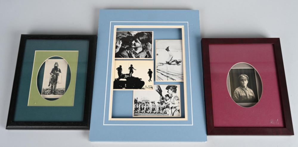 Vintage Jewish Soldier Photos: Lot includes a photo of an officer, an armed soldier, along with a group of 4 photos of female troops. Nicely matted. Excellent