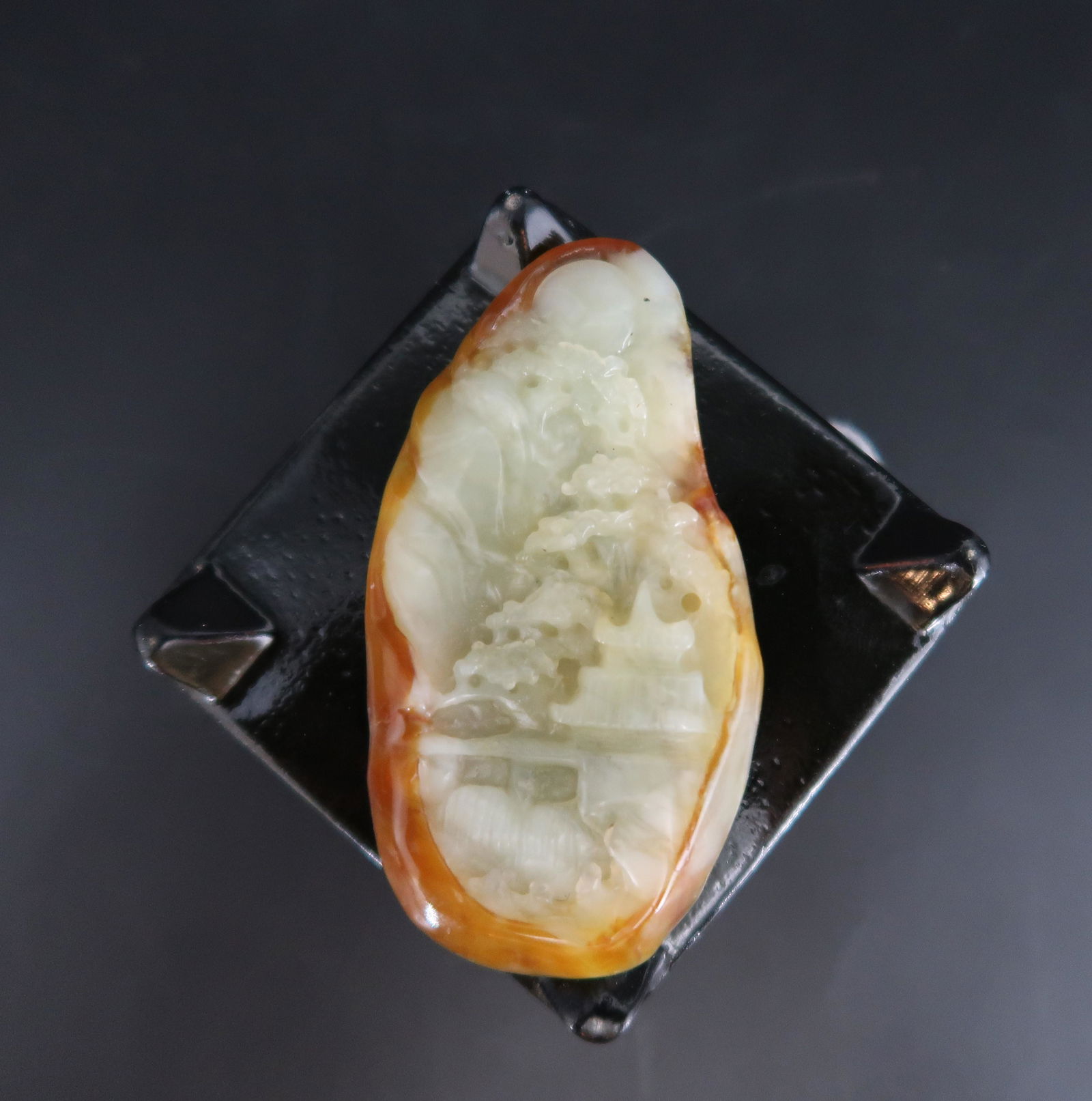 100% Natural Hand Carved Jadeite Landscape: 100% Natural Hand Carved Jadeite Landscape Sing, no treatment, measurement 3 1/8" x 1 3/4" x 1/2" thick.