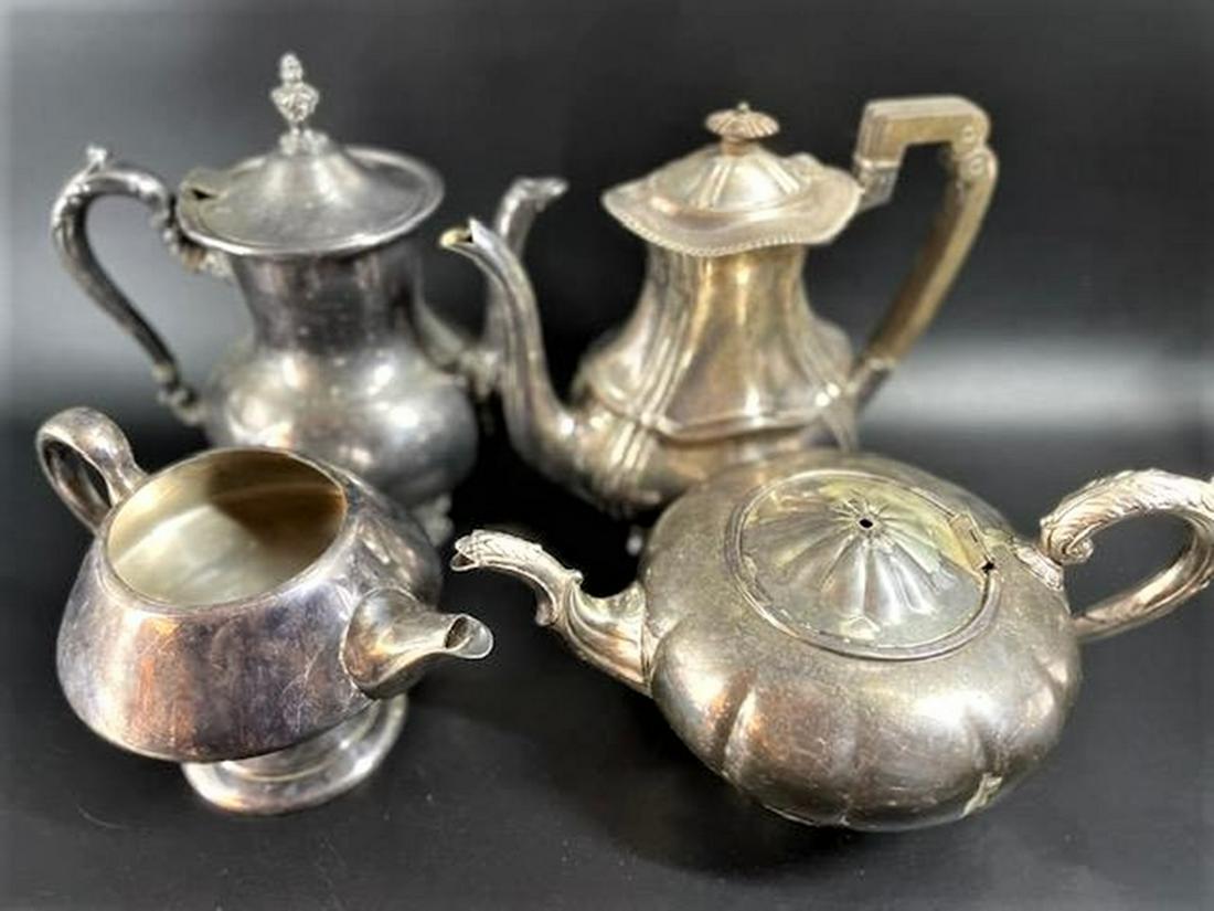 Victorian Tea and Coffee Pots: Victorian Tea and Coffee Pots, Silver plated, reproduction E.P. copper. well.....sold.....As.....Is....