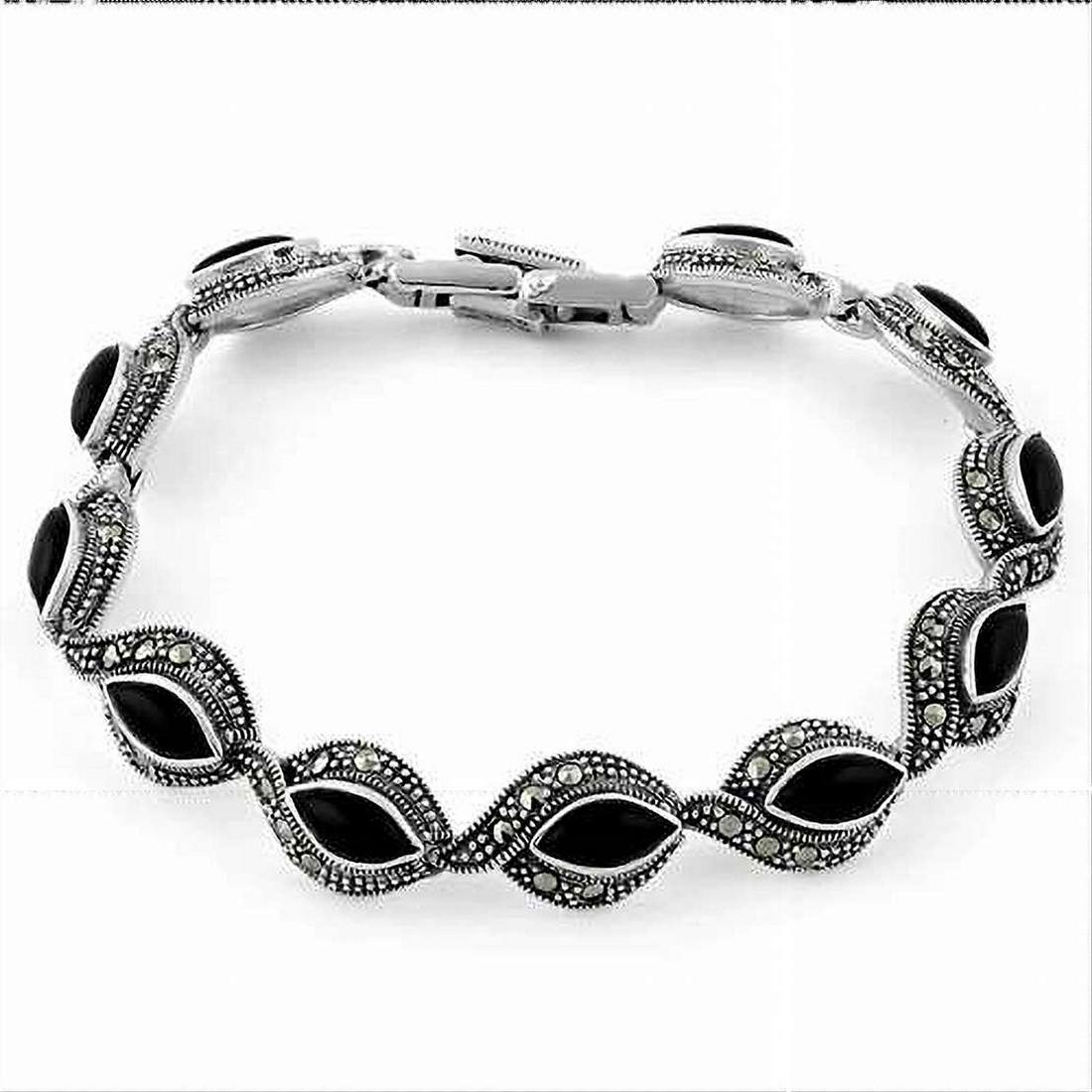 Sterling Silver Eye Marquise Black Onyx Marcasite Bracelet (1 of 3)