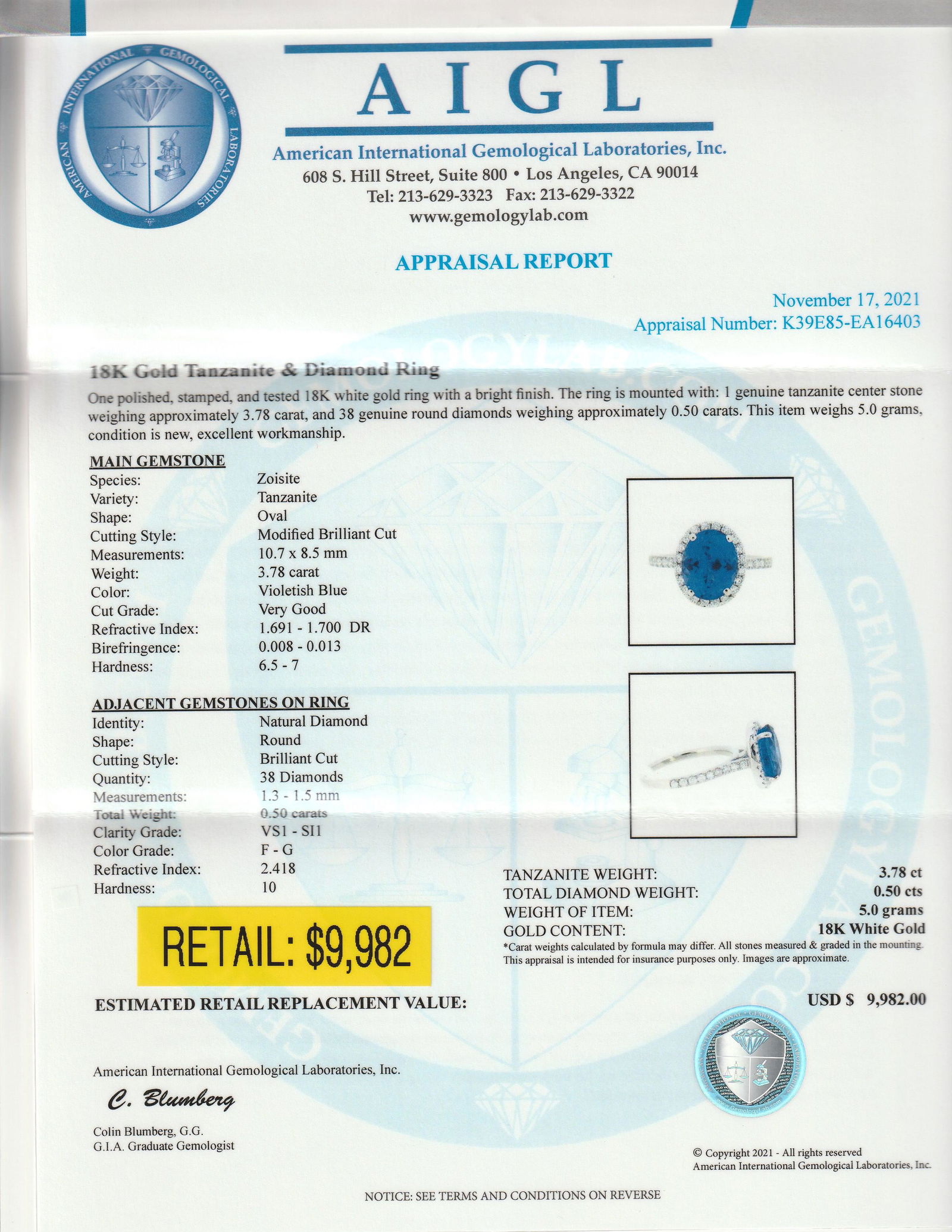 Tanzanite Ring 3.78ct - 3