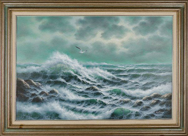 Jack Jayston. Framed oil on canvas. "Waves on a r: Jack Jayston. Framed oil on canvas. "Waves on a rocky coast". Height= 24(in), Width=36(in), Depth=N/A(in). The opalescent leght green waves in the nautical green colors show the that this artist is a 