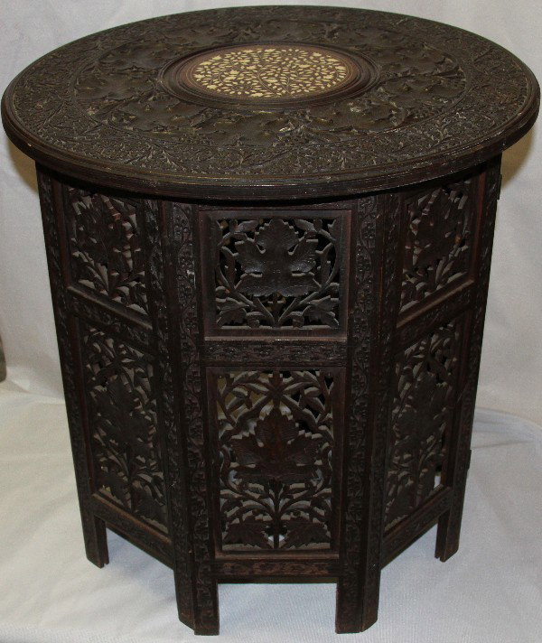 1800's Indian campaign folding end table with mothe: 1800's Indian campaign folding end table with mother of pearl inlay. Height= 22(in), Width=21(in), Depth=21(in).