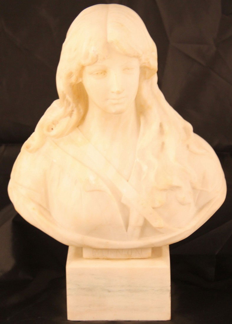 165: Carved alabaster bust of Mignon. French, circa: Carved alabaster bust of Mignon. French, circa 1800's. Height: 14(in), Width: 10(in), Depth: 4.5(in)old one of the beat works of Mignon.