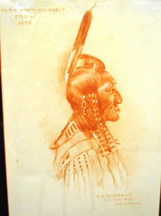 Indian drawing from 1898 of Chief Pretty Eagle Crow: Drawing by E.A. Burbank, ST. Xavier, Montana. 10 x 14" Signed: E. A. Burbank Xavier Montana. Framed and matted. Wove paper.