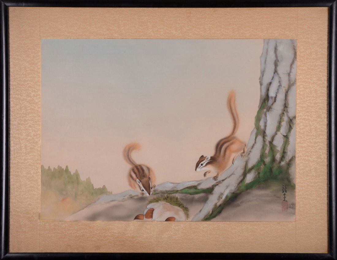 97: Chinese painting with signature chop. Framed p: Chinesepainting with signature chop. Framed painting on silk. Scene of 2 chipmunks on a tree. Height= 16"(in), Width=22"(in), Depth=N/A(in).