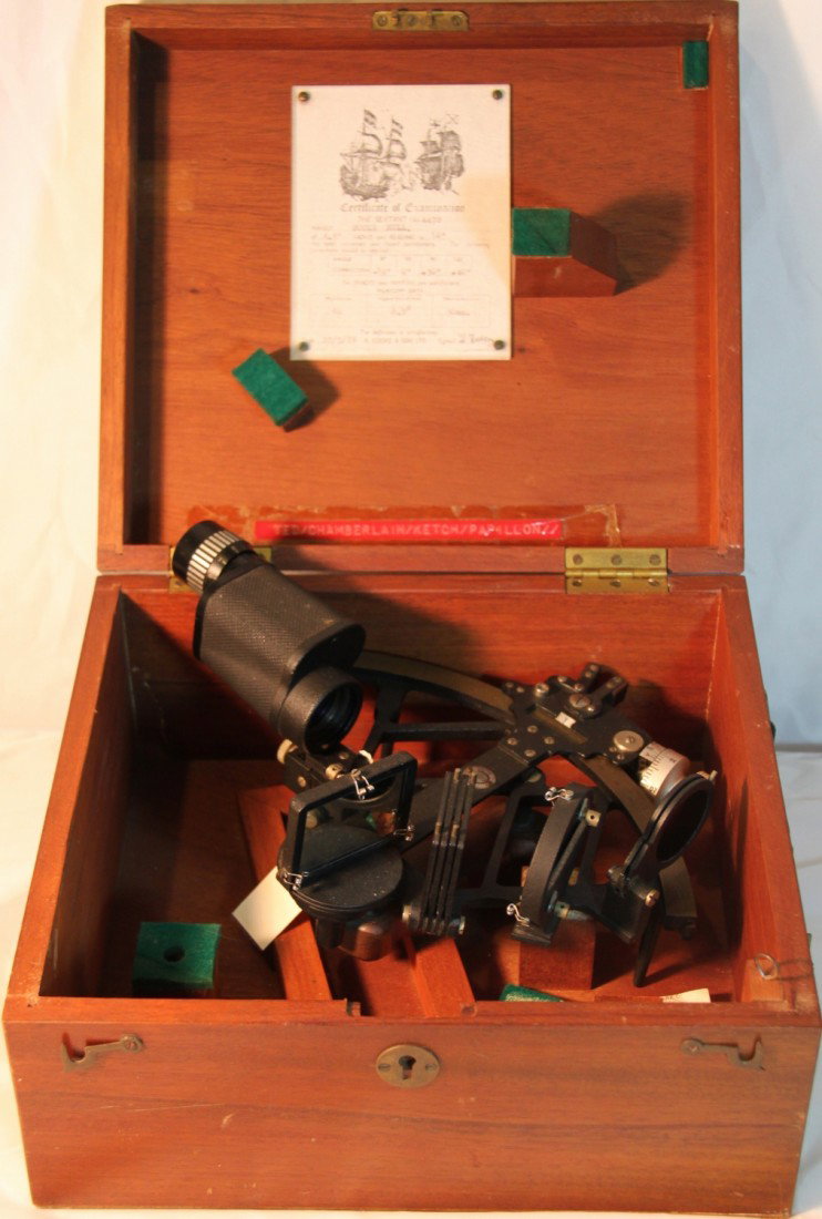210: 1976 Sextant, made by Cooke Hull: 1976 Sextant, made by Cooke Hull. Contains Certificate of Examination. Height= 7(in), Width=13(in), Depth=12(in)Stadimeter used by the Navy for fleet sailing navigation and gunnery