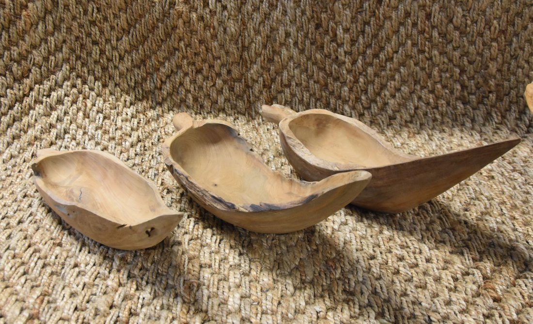 Three wooden scoops: Three wooden scoops . Sizes range: from 20in by 7in being the largest