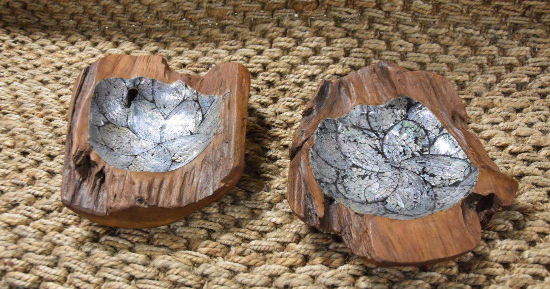 Two teak with abalone shell bowls: Two teak with abalone shell bowls. 12 x 10in, 13 x 11in
