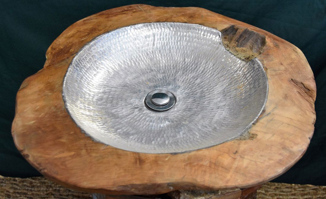 Hammered aluminum nickel finish teak wood sink (1 of 2)